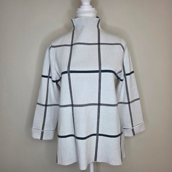 Tahari Sweaters - Tahari Womens XL Gray Black Windowpane Plaid Mock Neck 3/4 Sleeve Knit Sweater